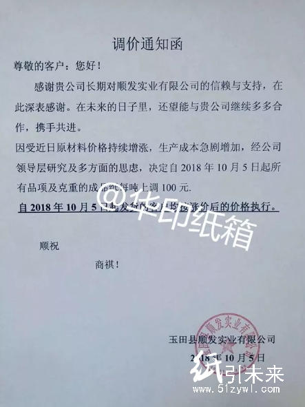 【10月漲價函】原紙漲200元/噸,紙板漲0.14元/平!