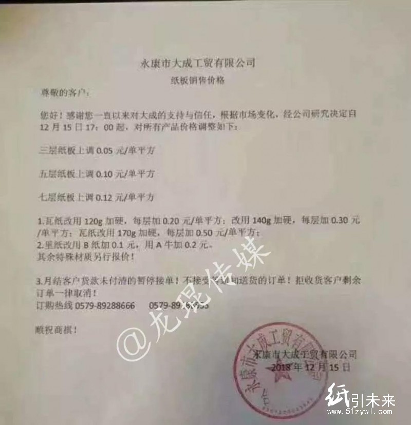 12月第二輪漲價蔓延!福建、浙江等地紙廠、紙板廠、紙箱廠紛紛發布漲價函!