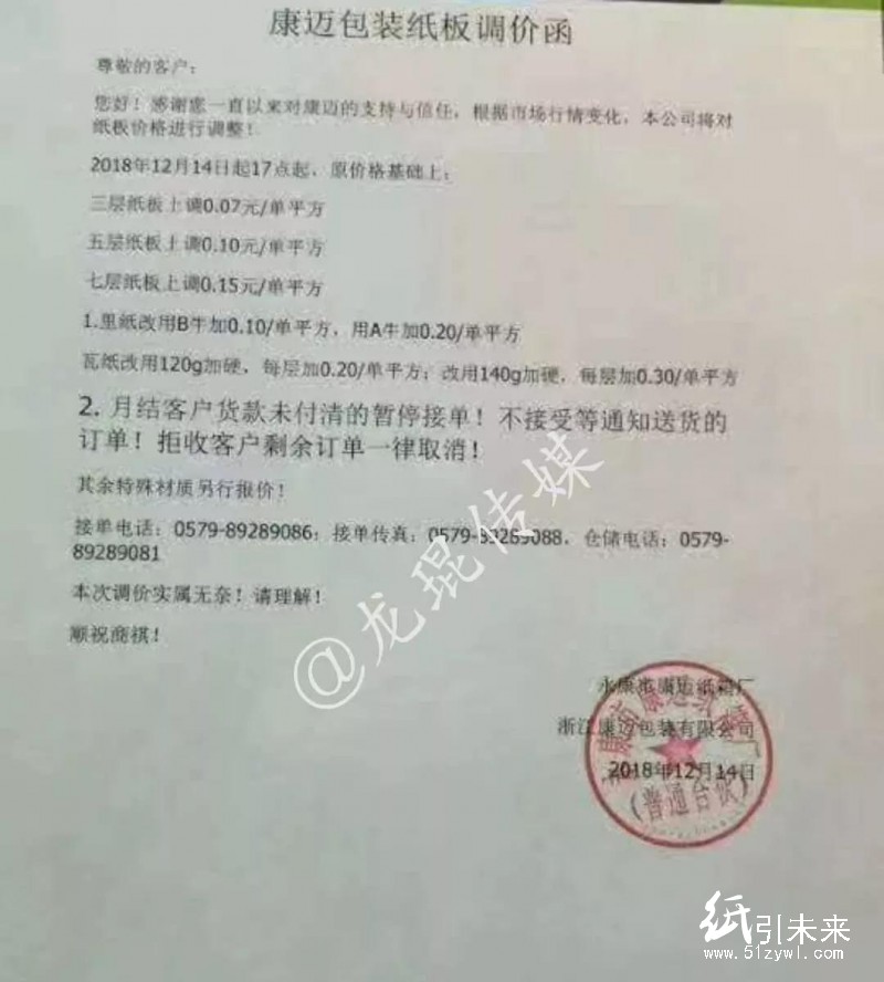 12月第二輪漲價蔓延!福建、浙江等地紙廠、紙板廠、紙箱廠紛紛發布漲價函!